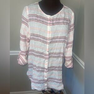 St. Tropez West Linen Striped Shirt Tunic Roll Sleeve Womens L Stripe White Pink
